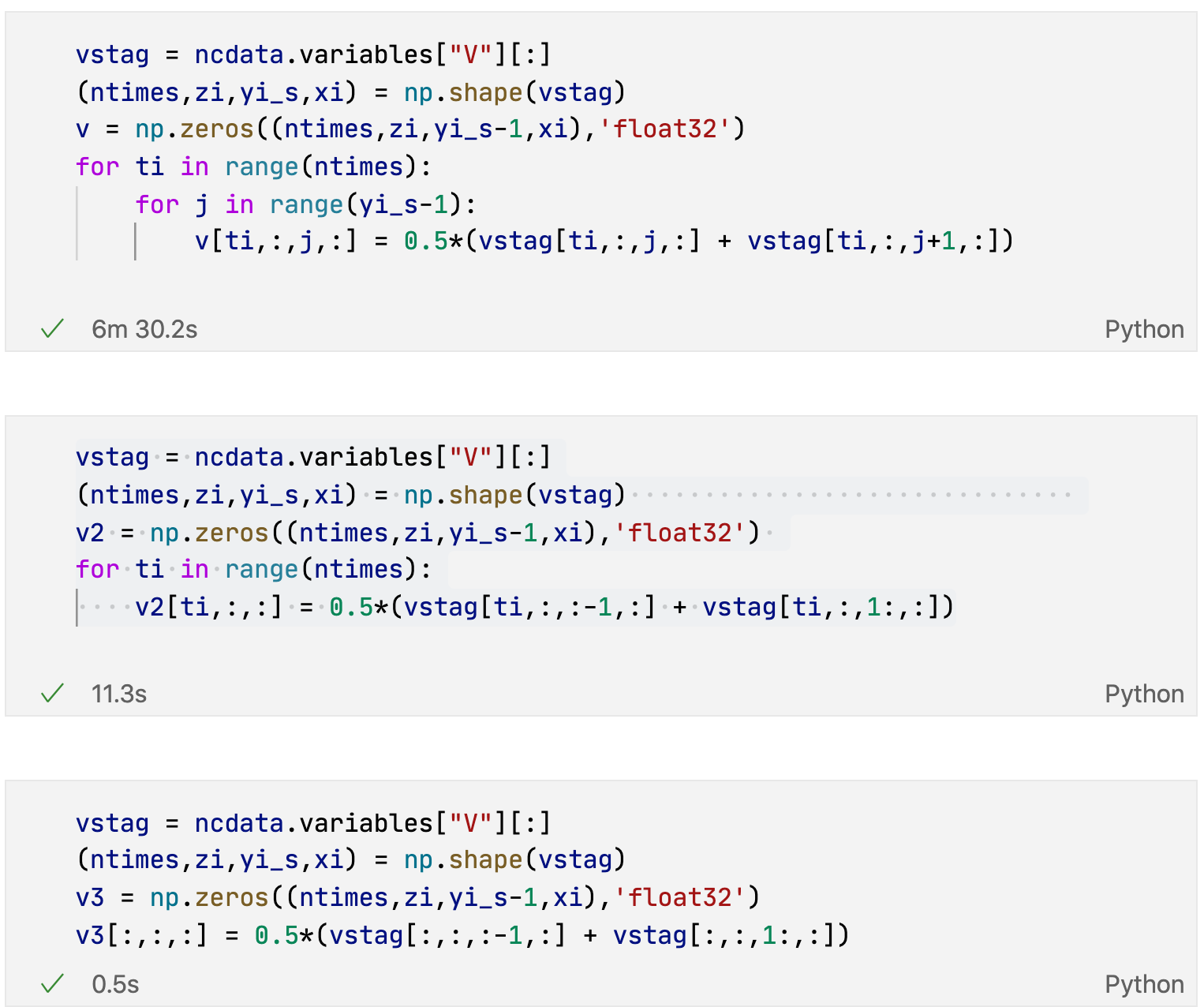 A screenshot showing how replacing for-loops with broadcast speeds up the calculations, at least in Python